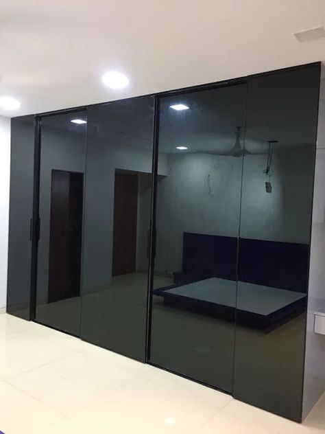 Backpainted Glass Wardrobes, Black Tinted Glass Wardrobe, Back Painted Glass Wardrobe, Bedroom Ideas Girly, Wardrobe Design Bedroom Sliding, Women Bedroom Ideas, Girly Apartment Ideas, Cupboard Lighting, Bedroom Women