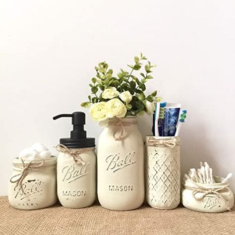 Bathroom Mason Jars, Mason Jar Bathroom Organizer, Mason Jar Bathroom Storage, Mason Jar Bathroom Decor, Diy Christmas Crafts To Sell, Barn Windows, Distressed Mason Jars, Quart Size Mason Jars, Bath Redo