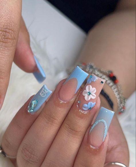 Nailart Blue, Baby Blue Acrylic Nails, Quinceanera Nails, Blue Acrylic Nails, Girly Acrylic Nails, Simple Acrylic Nails, Work Nails, Short Square Acrylic Nails, Pretty Gel Nails