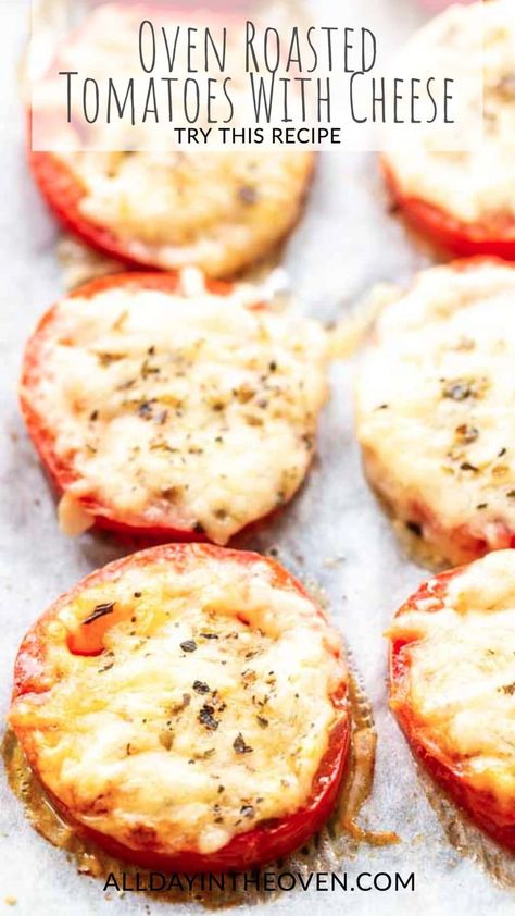 Sliced oven roasted tomatoes with cheese on a baking sheet Oven Roasted Tomatoes With Mozzarella, Baked Tomatoes With Cheese, Oven Baked Tomatoes, Baked Tomatoes With Mozzarella, Baked Tomato Slices, Tomatoes With Mozzarella, Mozzarella Cheese Recipe, Baked Tomato Recipes, Roasted Tomato Recipes