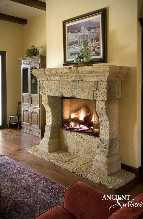 Reclaimed Mantle-Suzan-L-03 Fireplace Antique, French Limestone Fireplace, Italian Fireplace, Stone Fireplace Surround, Fireplace Update, French Fireplace, Stone Fireplaces, Fireplace Beam, Wooden Fireplace