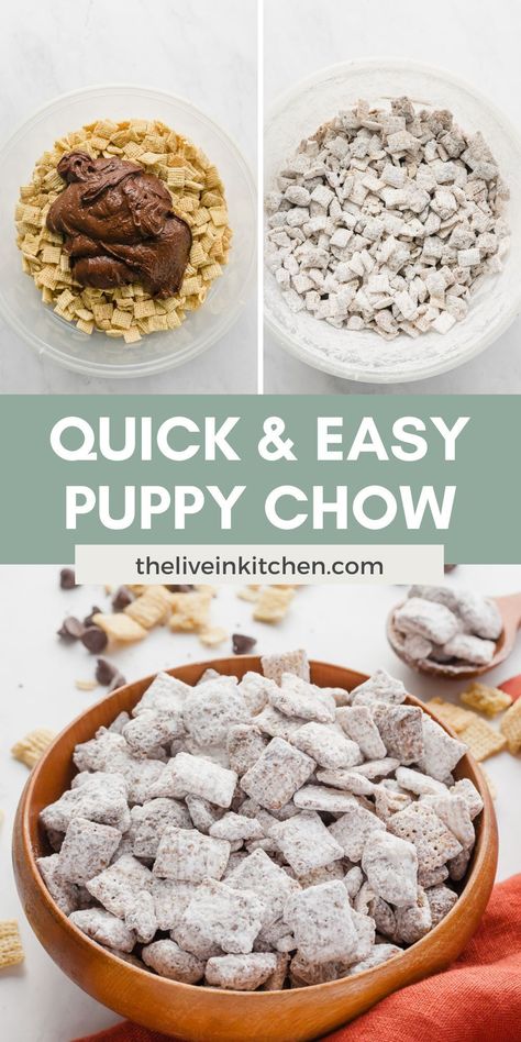 Puppy chow (also known as Muddy Buddies) is a Midwest favorite! Chocolate, peanut butter, chex, and powdered sugar make this the easiest snack ever. Puppy Chow With Peanut Butter, Homemade Puppy Chow, Easy Puppy Chow Recipe, Peanut Butter Chex, Easy Puppy Chow, Kid Friendly Vegetarian Recipes, Puppy Chow Chex Mix Recipe, Puppy Chow Recipe, Chex Mix Puppy Chow