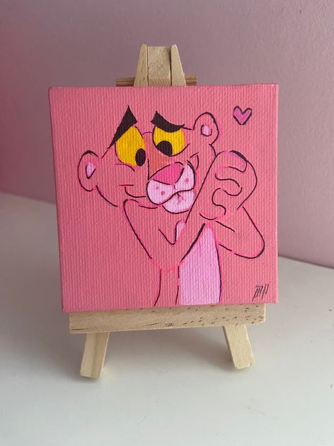 - Acrylic Painting  - Canvas Drawing  - 3"w x 3"h canvas - 2.5"w x 5"h easel  - Matte Clear Acrylic Sealer finish Hibiscus Canvas Painting, Nurse Paintings Canvases, Cute Pink Painting Ideas, Cute Designs To Paint, Drawings For Room, Cool Easy Paintings On Canvas, Care Bear Painting, Pink Panther Painting, Cute Pink Paintings