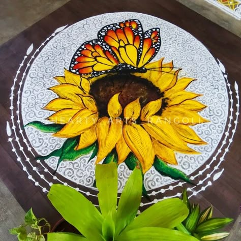 Sunflower Rangoli Designs, Rangoli Painting Design, 2023 Rangoli Designs, Rangoli Unique Design, Sunflower Rangoli, Unique Rangoli Designs Beautiful, Butterfly Rangoli, Color Kolam, Rangoli Photos