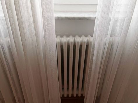 Curtains Around Radiator, Curtain Over Radiator Window, Bedroom With Radiator Under Window, Curtain Radiator Under Window, Radiator Under Window Curtains, Curtain Above Radiator, Curtains Over Radiator Window, Curtain With Baseboard Heater, Curtains With Radiator Under Window