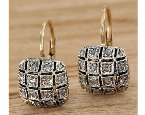 ViaDeiGioielli - Etsy Gold And Diamond Earrings, Bijoux Art Nouveau, Diamond Earrings For Women, Earrings Antique, Diamond Dangle Earrings, Italian Jewelry, Gold Diamond Earrings, Leverback Earrings, Square Earrings