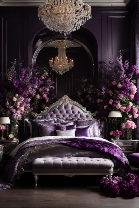 Enter a realm of royal enchantment with this magnificent bedroom. The lavish, tufted headboard in plush purple velvet reigns supreme, encased in a grand frame. Silken sheets and sumptuous throw pillows add a touch of splendor. Towering arrangements of lush purple and pink flowers create an ethereal garden. The chandelier, sparkling like a crown jewel, illuminates the space, reflecting off the opulent mirror and glossy nightstands. Dark purple walls set the tone for this regal retreat Dramatic Bedroom, Moody Colors, Purple Bedrooms, Moody Bedroom, Feminine Bedroom, Purple Bedroom, Dark Bedroom, Purple Interior, Purple Rooms