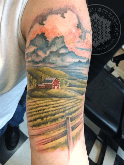 Half Sleeve Tattoos Lower Arm, Farm Tattoo, Wheat Tattoo, Wanderlust Tattoo, Scene Tattoo, Cow Tattoo, Full Sleeve Tattoo Design, Landscape Tattoo, Full Sleeve Tattoo