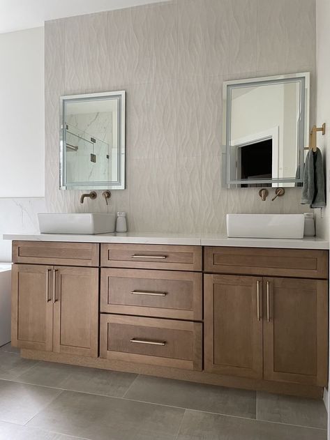 This bathroom renovation featured double sinks, featuring cabinets in Barely by Kraftmaid. Kraftmaid Kitchen Cabinets, Kraftmaid Cabinets, Double Sinks, Double Sink Bathroom, Home Addition, Bathroom Remodel Shower, Sink Bathroom, Bathroom Cabinets, Double Sink