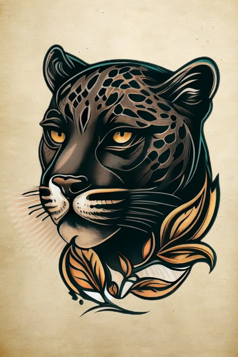 Black Panther Face Tattoo, Leopard Tattoo Traditional, Neo Traditional Panther Tattoo, Panther Face Tattoo, Old School Panther Tattoo, Traditional Panther Tattoo Design, Wild Cat Tattoo, Panther Traditional Tattoo, Traditional Tattoo Panther