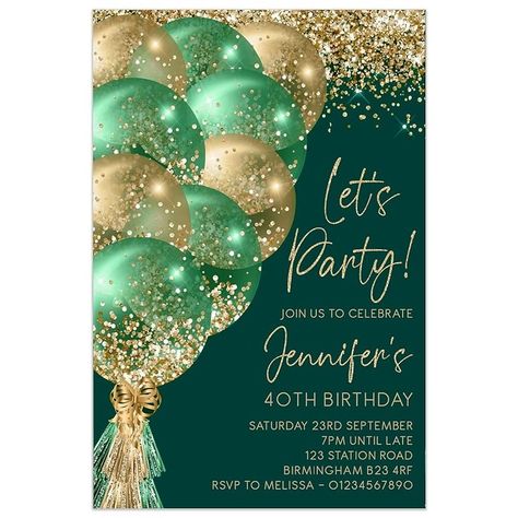 Personalised Birthday Party Invitations, Green Gold Balloons 18th 21st 30th 40th 50th 60th Invites any age | PACK OF 10 WITH ENVELOPES : Amazon.co.uk: Handmade Products Invitation For Party Ideas, Green 50th Birthday Party, 70th Birthday Invitations, Verde Vintage, 55th Birthday, 50th Birthday Invitations, Birthday Flyer, Birthday Party Invitation Templates, Gold Invitations