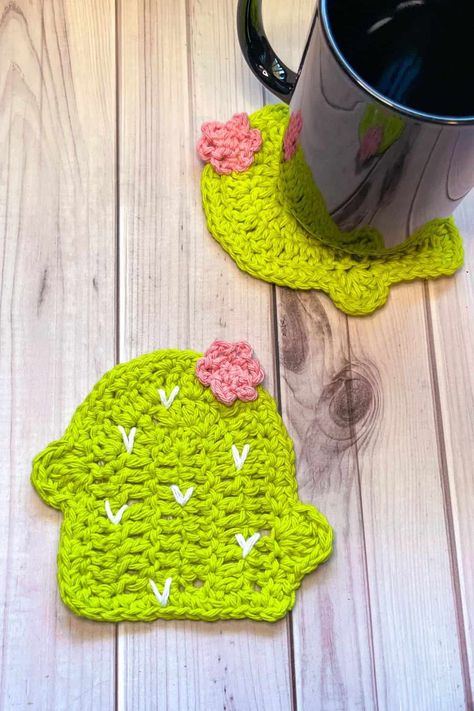 Crochet Cactus Coaster Pattern - thecaffeinatedsnail.com Cactus Coasters, Crochet Flats, Coaster Pattern, Crochet Cactus, Crochet Coasters, Diy Crochet, I Promise, Free Pattern, Cactus