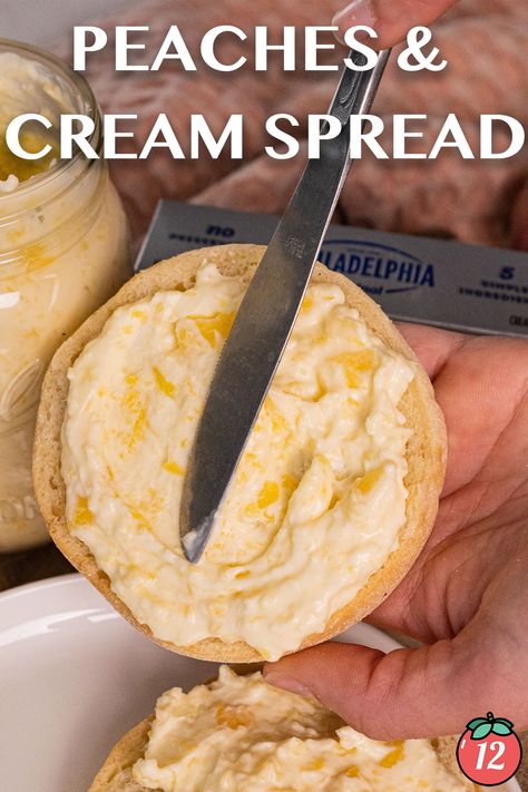 Peaches & Cream Spread | 12 Tomatoes Peaches And Cream Cheese Spread, Peaches And Cream Spread 12 Tomatoes, Honey Cream Cheese Spread, Peaches And Cream Spread, Spread Recipes For Bread, Sweet Cream Cheese Spread, Bagel Spread Recipes, Peach Butter Recipe, Twelve Tomatoes