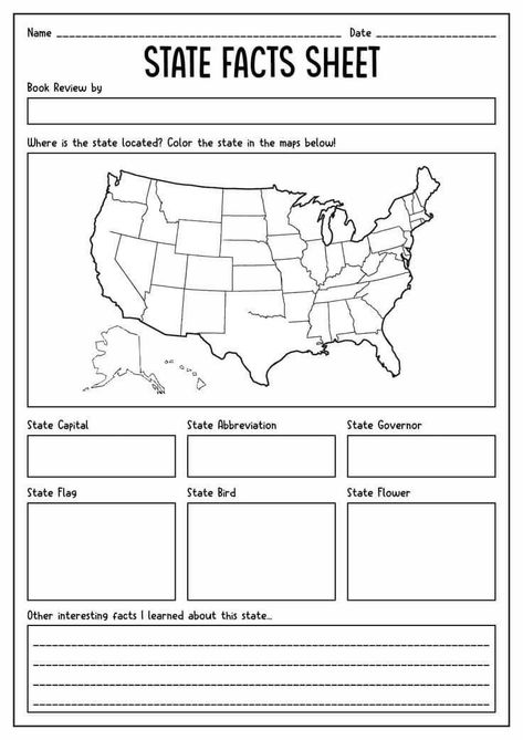 Individual State Printables, Kindergarten Geography Worksheets, State Facts Printable, State Printables Free, 50 States Worksheets Free Printables, State Worksheets Free Printable, State Report Projects, States Worksheets, Us State Map