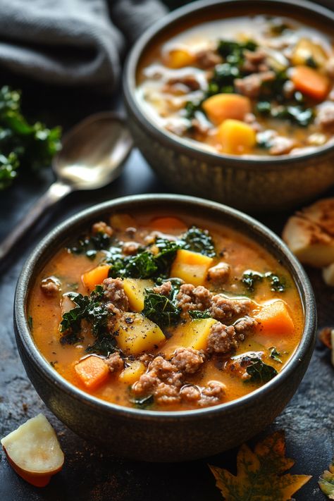 Cozy up this fall with our hearty soup packed with kale and savory sausage! Perfect for chilly nights—click to savor the warmth in every bowl! 🍂🥣 #FallFlavors #SoupSeason Soup With Pork Sausage, Soup Season Aesthetic, Cozy Fall Soup, Cozy Autumn Soup, Fall Stews And Soups, Fall Harvest Soup, Lunch Soup Ideas, Fall Soup Recipes Ground Beef, Kale Meals