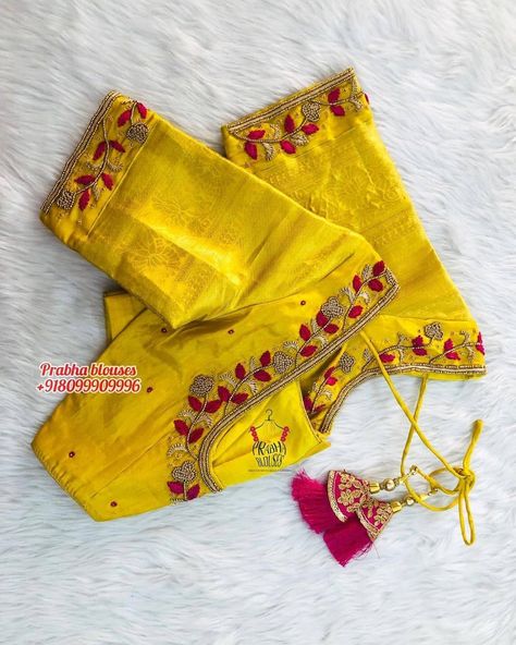 Lemon Yellow Saree With Contrast Blouse, Yellow Blouse Design Embroidery, Yellow Blouse Design Silk, Yellow Blouse Design, Yellow Blouse Designs, Blouse Inspiration, Prabha Blouses, Magam Work, Blue Blouse Designs