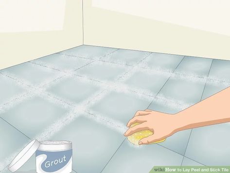 Easy Ways to Lay Peel and Stick Tile: 15 Steps (with Pictures) How To Lay Peel And Stick Flooring, Grout Sponge, Self Adhesive Floor Tiles, Tile Steps, Peel And Stick Tiles, Stick Tiles, Tile Spacers, Peel And Stick Floor, Pry Bars