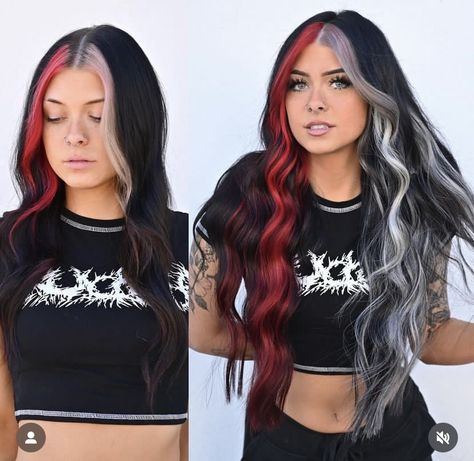 Dyed Hair Split, Aesthetic Hair Styles, Half Colored Hair, Half Dyed Hair, Color Block Hair, Black Red Hair, Split Dyed Hair, Red Balayage, Red Blonde Hair