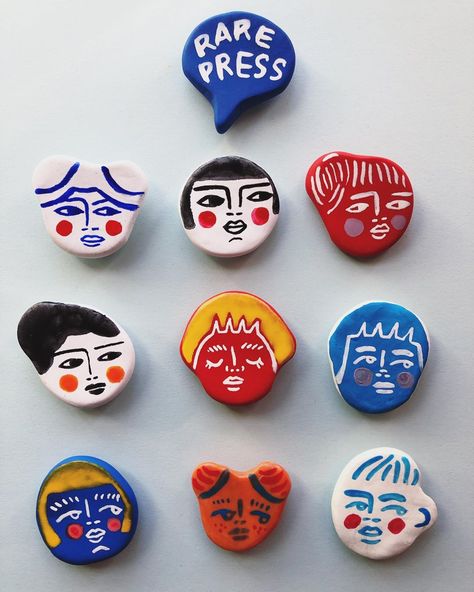 Lizzie ✺ Rare Press on Instagram: “I’m working on some funny little clay face pins. My goal is to have a few available in my shop, and bring some to @nocoastcraft too. Which…” Clay Magnets Diy, Air Dry Clay Magnets, Paper Crafts For School, Simple Diy Crafts, Crafts For All Ages, Crafts For School, Magnets Diy, Polymer Clay Magnet, Sell Ideas