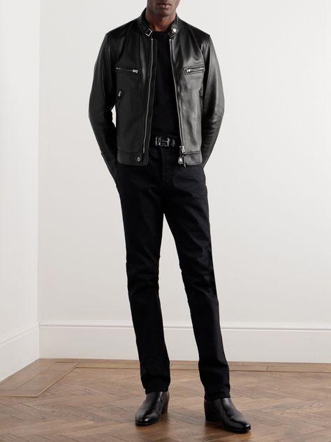 TOM FORD's biker jacket is one you'll return to season after season. Modelled on motorsport styles, it’s been made in Italy from full-grain nappa leather and has zipped cuffs and side adjusters so you can alter the slim fit. Black Leather Jacket For Men, Tom Ford Leather Jacket Men, Men In Leather Jackets, Leather Jacket Formal Outfit, Black Leather Jacket Men Outfit, Vintage Leather Jacket Outfit Men, Biker Jacket Outfit Men, Black Leather Jacket Outfit Men, Mens Leather Jacket Outfit