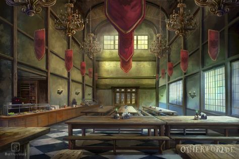 [C] Blackthorne cafeteria by MalthusWolf on DeviantArt Fantasy Cafeteria, Dnd Locations, Alchemy Lab, Visualization Board, Cafeteria Design, Fantasy Architecture, Military School, School Cafeteria, Location Inspiration