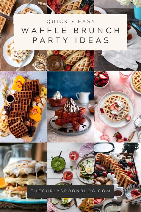 Collage of various waffles Waffle Brunch Ideas, Breakfast Charcuterie Boards, Unique Waffle Recipes, Waffle Brunch, Brunch Party Ideas, Breakfast Charcuterie, Caramel Waffles, Whole Wheat Waffles, French Toast Waffles