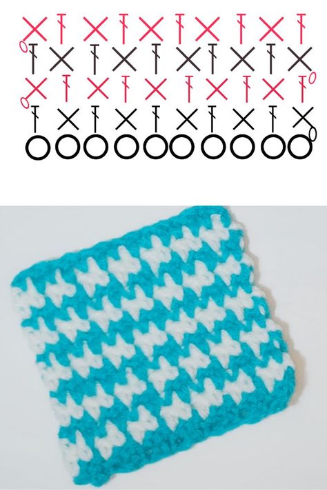 The pattern is still popular to this day in tweed and wool fabrics. It is a two-tone pattern with abstract four-pointed shapes, most often in black and white. The pattern is usually used for coats and jackets, however it can also be found on dresses and skirts.  This easy crochet houndstooth stitch is one is the simplest that I have found. We will be alternating single crochet and the double crochet stitch, then switching colors at the end of each row. #crochethoundstoothstitch Karpet Perca, Double Crochet Stitch, Granny Square Crochet Pattern, Crochet Lovers, Crochet Stitches Tutorial, Crochet Instructions, Crochet Stitches Patterns, Crochet Diagram, Houndstooth Pattern