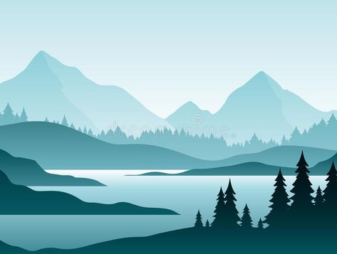 Forest foggy landscape flat vector illustration. Nature scenery with fir trees and hill peaks silhouettes on horizon. Mountain valley and river in early vector illustration Vector Scenery Landscapes, River Vector Illustration, Scenery Illustration Landscapes, Flat Illustration Landscape, Illustration Art Landscape, Vector Scenery, Hill Illustration, River Illustration, Natural Illustration