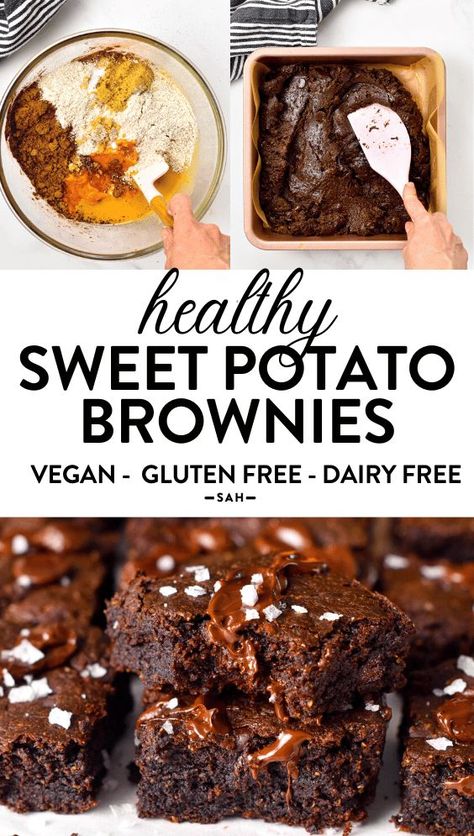 This Fudgy Sweet Potato Brownies are healthy fudgy brownies made with homemade sweet potato puree, no eggs and refined sugar free. They are perfect healthy brownies to share with friends and family as they fit most food allergies. Vegan Sweet Potato Brownies, Glutenfri Baking, Potato Brownies, Patisserie Vegan, Sweet Potato Brownies, Healthy Brownies, Stuffed Sweet Potato Healthy, Boozy Desserts, Potato Puree