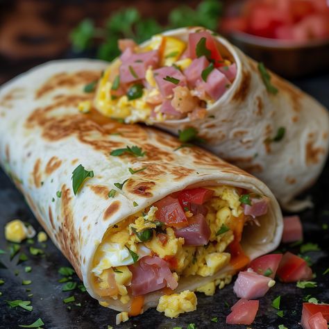 Egg and Ham Breakfast Burrito Egg And Ham Breakfast, Best Breakfast Burritos, Egg Burrito, Ham Breakfast, Cheesy Ham, How To Read More, Breakfast Burritos Recipe, Ham And Eggs, Cheese Wrap