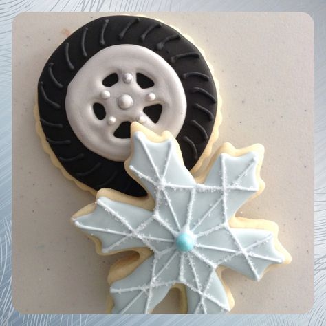 sugar cookies for Cars & Frozen theme birthday party. #Tires #Snowflakes Cars Cake Ideas, Semi Truck Cakes, Frozen Theme Birthday, Hot Pink Cars, Vintage Car Party, Cars Party Favors, Car Cookies, Cars Cake, Frozen Birthday Theme