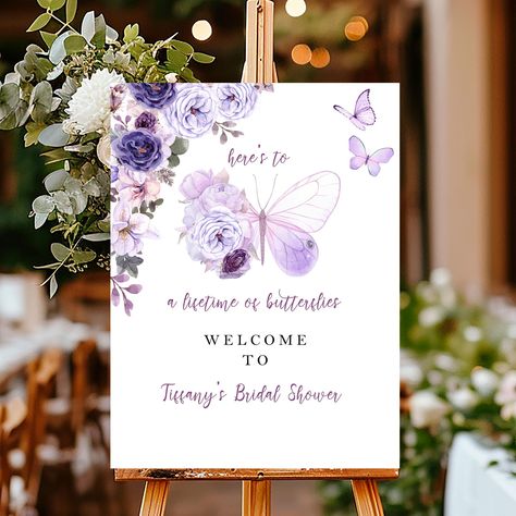 This butterfly bridal shower sign will be a beautiful addition to your bridal shower, engagement party or wedding decoration. Choose between printed poster paper or foam board 🎀FEATURES Choose between a 10mm thick lightweight wood sign or a 3/16" thick foam board sign. They are both strong, rigid, and lightweight. 🎀SIZE This wedding sign is available in multiple sizes. 24x36 Inches 20x30 Inches 24x24  Inches 18x24  Inches 20x20 Inches 12x18  Inches 12x12  Inches 8.3 x 11.7 Inches (A4) 🎀Printe Bridal Shower Ideas Purple, A Lifetime Of Butterflies Theme, He Gives Me Butterflies Theme Bridal, Brunch Poster, Lifetime Of Butterflies, Butterfly Wedding Decorations, Tangled Wedding, Purple Bridal Shower, Shower Foam