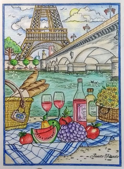 Easy Drawings Sketches Colorful, Creative Haven Wish You Were Here! Coloring Book, Wish You Were Here Coloring Book, Teresa Goodridge Coloring Pages, Beautiful Scenery Drawing, Paris Drawing, Teresa Goodridge, Scenery Drawing, Pencil Drawing Tutorials