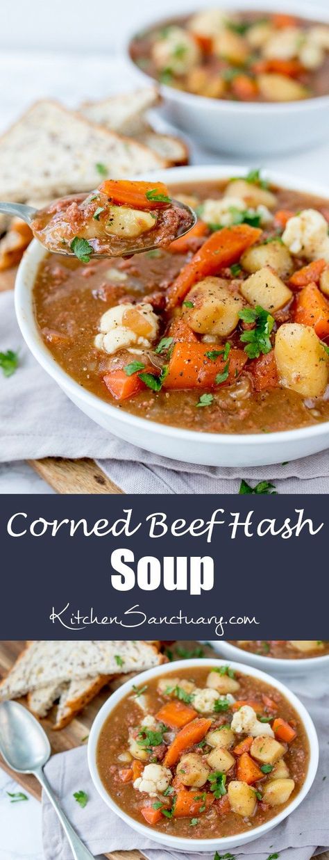 This rich and meaty corned beef hash soup is filling enough for dinner. Ready in 30 mins too! Corned Beef Stew, Corned Beef Soup, Corned Beef Hash Recipe, Homemade Corned Beef, Canned Corned Beef, Corn Beef, Beef Soup Recipes, Hash Recipe, Corned Beef Recipes