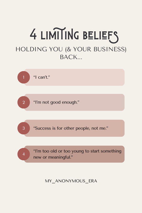 Self-limiting beliefs are negative thoughts or ideas that you hold about yourself or your abilities, causing you to place unnecessary self-imposed constraints on your potential. 

Learn what limiting beliefs are and how to remove them to create your dream life. 

#limitingbeliefs #nolimit #dreamlife #businesssuccess Manifest Attraction, Vision Affirmations, Create Your Dream Life, Belief System, Insta Ideas, Limiting Beliefs, Negative Thoughts, Hold You, Success Business