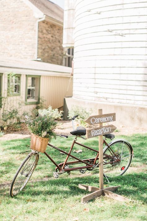 Ceremony and reception signage with vintage tandem bike decor Wedding Bike, Tandem Bike Wedding, Truck Wedding, Bike Decor, Food Truck Wedding, Bike Wedding, Reception Signage, Tandem Bike, Outdoor Party Decorations