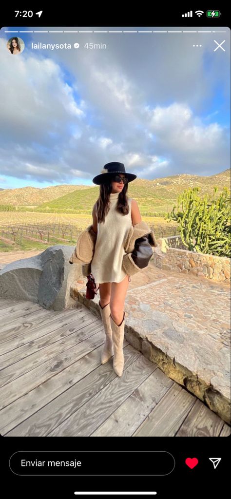 Vineyard Outfit Cowboy Boots, Outfits For A Vineyard, Cowgirl Winery Outfit, Country Winery Outfit, Tequila Outfit Ideas, Tequila Mexico Outfit Women, Country Classy Outfits, How To Style Cowgirl Boots With Dress, Vineyard Winter Outfits