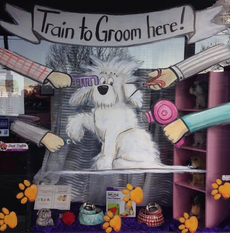 Dog Daycare Design, Pet Store Display, Pet Store Ideas, Painted Window Art, Shop Painting, Daycare Design, Grooming Business, Dog Grooming Shop, Dog Salon