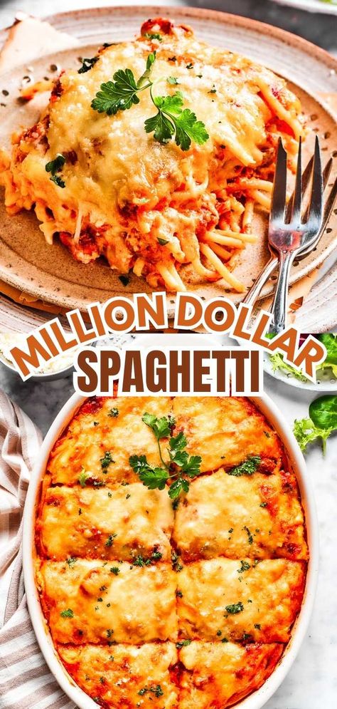 Million dollar spaghetti is an easy spaghetti casserole made with pasta tossed in homemade meat sauce and baked with layers of melty cheese. #spaghetti Million Spaghetti, Chicken With Spaghetti Noodles, Cheesy Pasta Bake, Baked Spaghetti Casserole, Homemade Meat Sauce, Million Dollar Spaghetti, Pasta Varieties, Quick Pasta Recipes, Spaghetti Meat Sauce