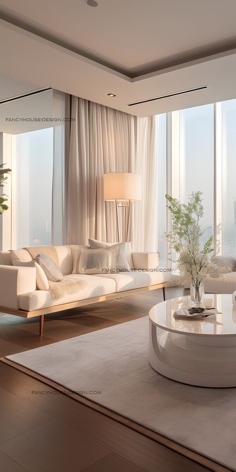 Soft off-white tones in the living room create a serene backdrop, embodying a chic and modern interior design. This living room's interior design whispers luxury with its monochromatic off-white palette, offering a canvas of simplicity. White Beige Living Room Modern, Glam Chic Living Room, Room Ideas 90s, Luxury Living Room Designs Classy, Chaotic Room, Small Theatre Room, Chaotic Room Aesthetic, Whimsy Goth Bedroom, Small Theatre Room Ideas