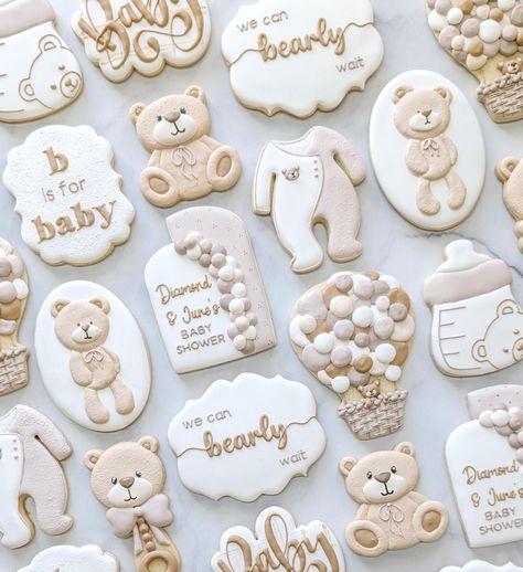 Teddy Bear Shower Cookies, We Can Bearly Wait Baby Shower Cookies, Bear Theme Cookies, Bearly Wait Cookies, Bearly Wait Baby Shower Cookies, Teddy Bear Baby Shower Cookies, Bear Baby Shower Cookies, Baby Shower Biscuits, Decorated Biscuits