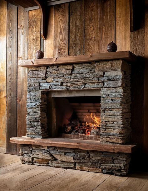 Wood Hearth Ideas, Rustic Gas Fireplace, Fake Stone Fireplace, Shiplap And Stone Fireplace, Fireplace Hearth Stone, Corner Stone Fireplace, Stone Fireplace Decor, Stone Fireplace Ideas, Rustic Stone Fireplace