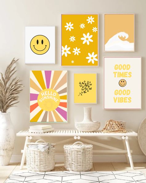 Happy Paintings Feelings, Yellow Wall Prints, Set Of 3 Canvas Painting Ideas, Sunshine Canvas Painting, Kids Mirror, Happy Prints, Positive Posters, Yellow Bedroom Decor, Kids Mirrors