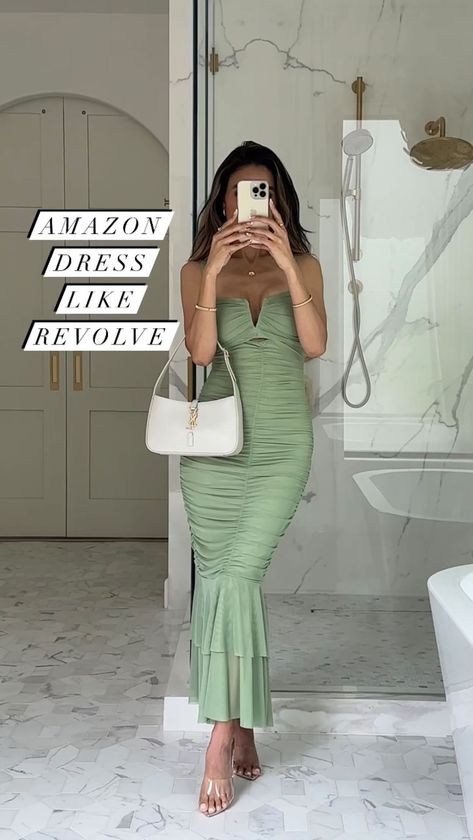 Jen Adams on Instagram: “Tap link in bio to shop! Amazon dress with Revolve vibes!!!! Perfect as a wedding guest dress and for romantic spring dates! Hubby and I…” Aruba Wedding Guest Dress, Affordable Green Ruched Maxi Dress, Shein Wedding Guest Dress, Spring Beach Wedding Guest Dress, Spring Fitted Ruched Maxi Dress, Zara Ruched Maxi Dress For Date Night, Vacation Ruched Maxi Dress, Spring Maxi-length Bodycon Dress For Brunch, Spring Wedding Guest Dress Amazon