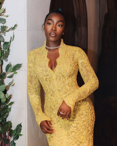 StyleVitae | Fashion designer @gbemiokunlola stuns in a mustard yellow lace dress from her own brand, @alonuko_bridal. #Stylevitae | Instagram