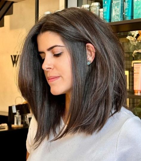 Thick Center-Parted Inverted Long Bob Inverted Long Bob With Layers, Long Bob Volume, Inverted Lob Haircut, Voluminous Lob, Thick Bob Haircut, Long Bob Hairstyles For Thick Hair, Long Inverted Bob, Angled Hair, Inverted Long Bob