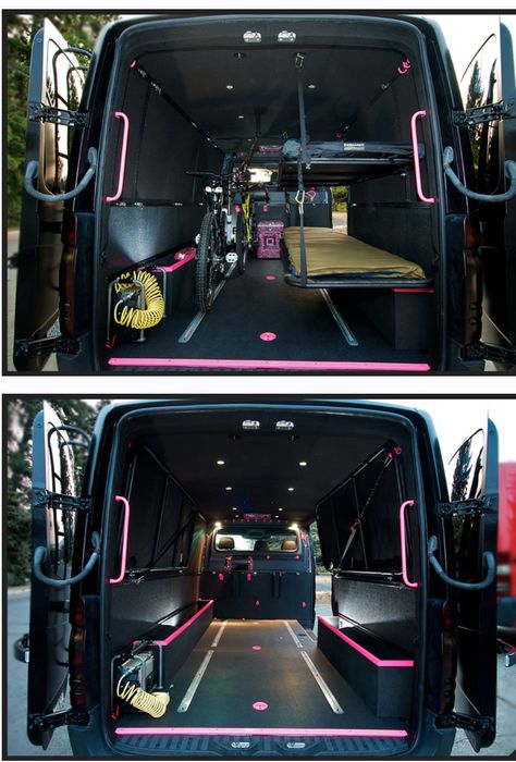 Van Inside, Moto Van, Camper Van Bed Design, Race Van Interior, Hanging Double Bed Campervan, Camper Van Loft Bed, Van Front Seat Bed, Enclosed Trailer Camper, Kangoo Camper