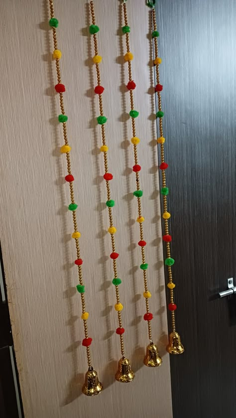 Door Hanging Decorations Indian Handmade, Diwali Craft Handmade Hanging, Toran Designs Doors Handmade Woolen, Woolen Toran Designs Doors, Toran Ideas, Macrame Toran Designs, Indian Christmas, Toran Designs, Macrame Toran