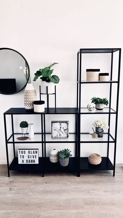 Apartment Decorating Living, Black Shelves, Apartment Living Room Design, Perfect Closet, Home Entrance Decor, Apartment Decor Inspiration, Decor Home Living Room, Decorating Home, Living Room Decor Apartment