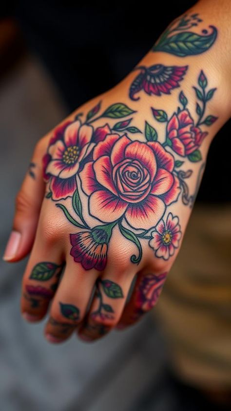 Get ready to explore 14 stunning hand tattoos that not only elevate your style but also spark intriguing conversations—what stories will your ink tell? Girly Hand Tattoos Ideas, Neo Traditional Flower Sleeve, Colorful Finger Tattoo, Hand Flower Tattoos For Women, Hand Tattoos Color, Hand Tattoos For Women Flowers, Hand Flower Tattoos, Hand And Finger Tattoos For Women, Traditional Hand Tattoos For Women